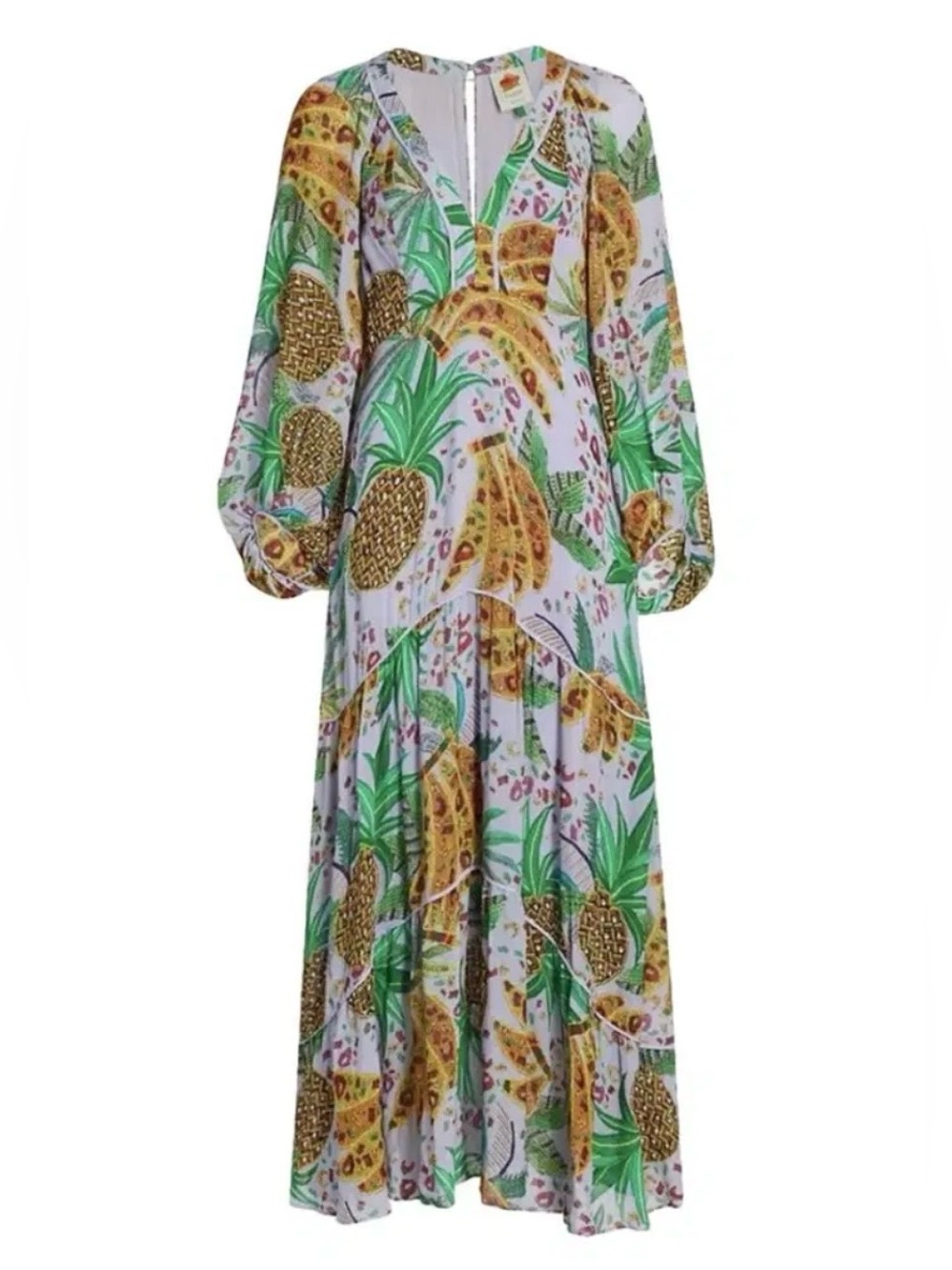 Farm Rio Cotton Pineapple Print Tiered Midi Dress - Lavender & Green SZ Small A4